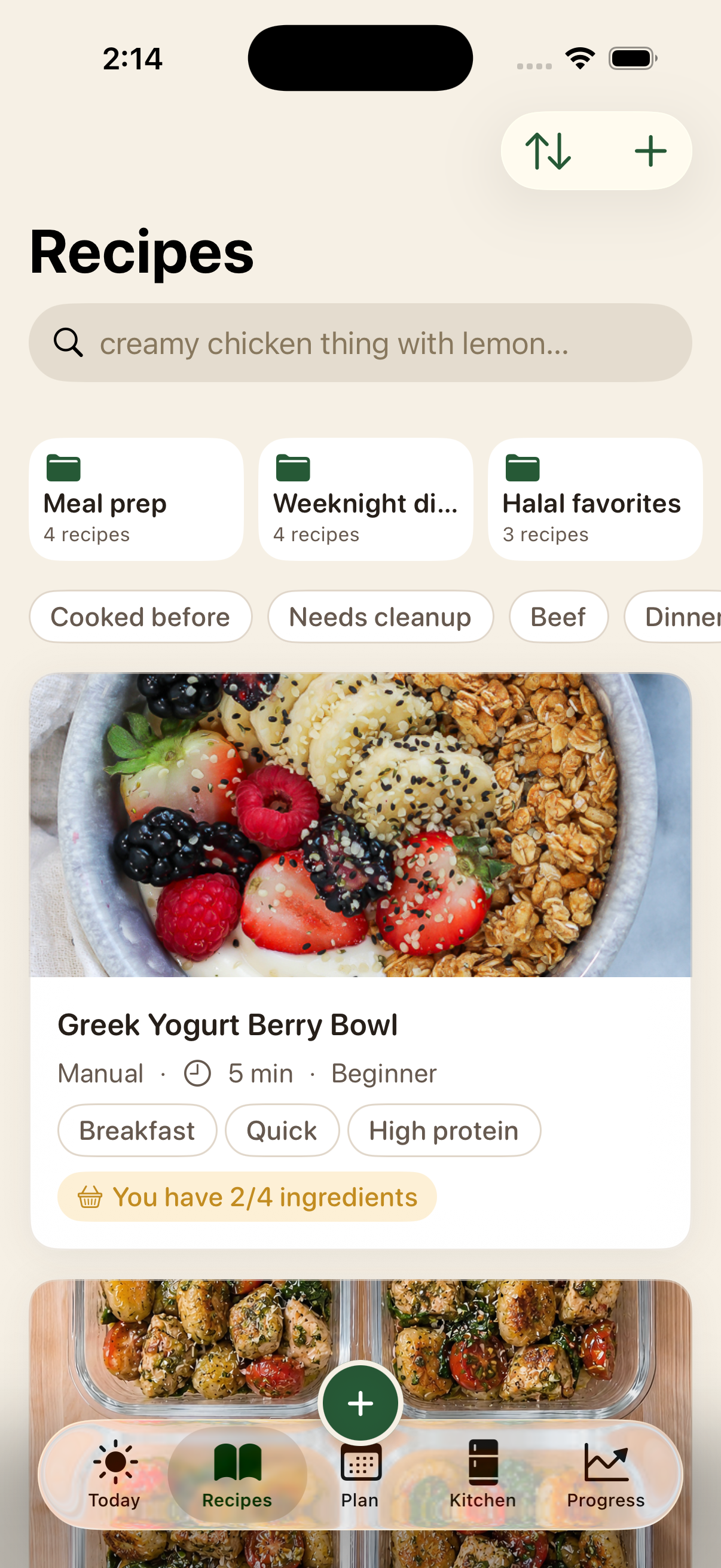 Glutt Recipes screen with organized meals.