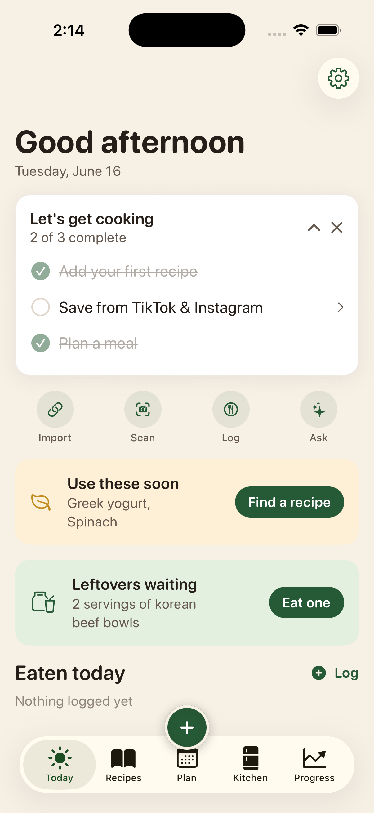 Glutt Today screen showing meal tasks and pantry suggestions.